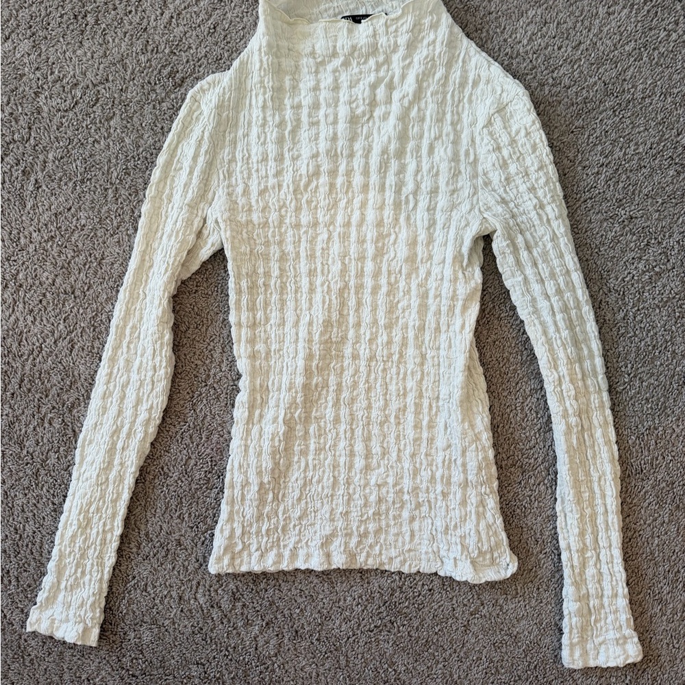 Zara White Textured Long Sleeve Top
